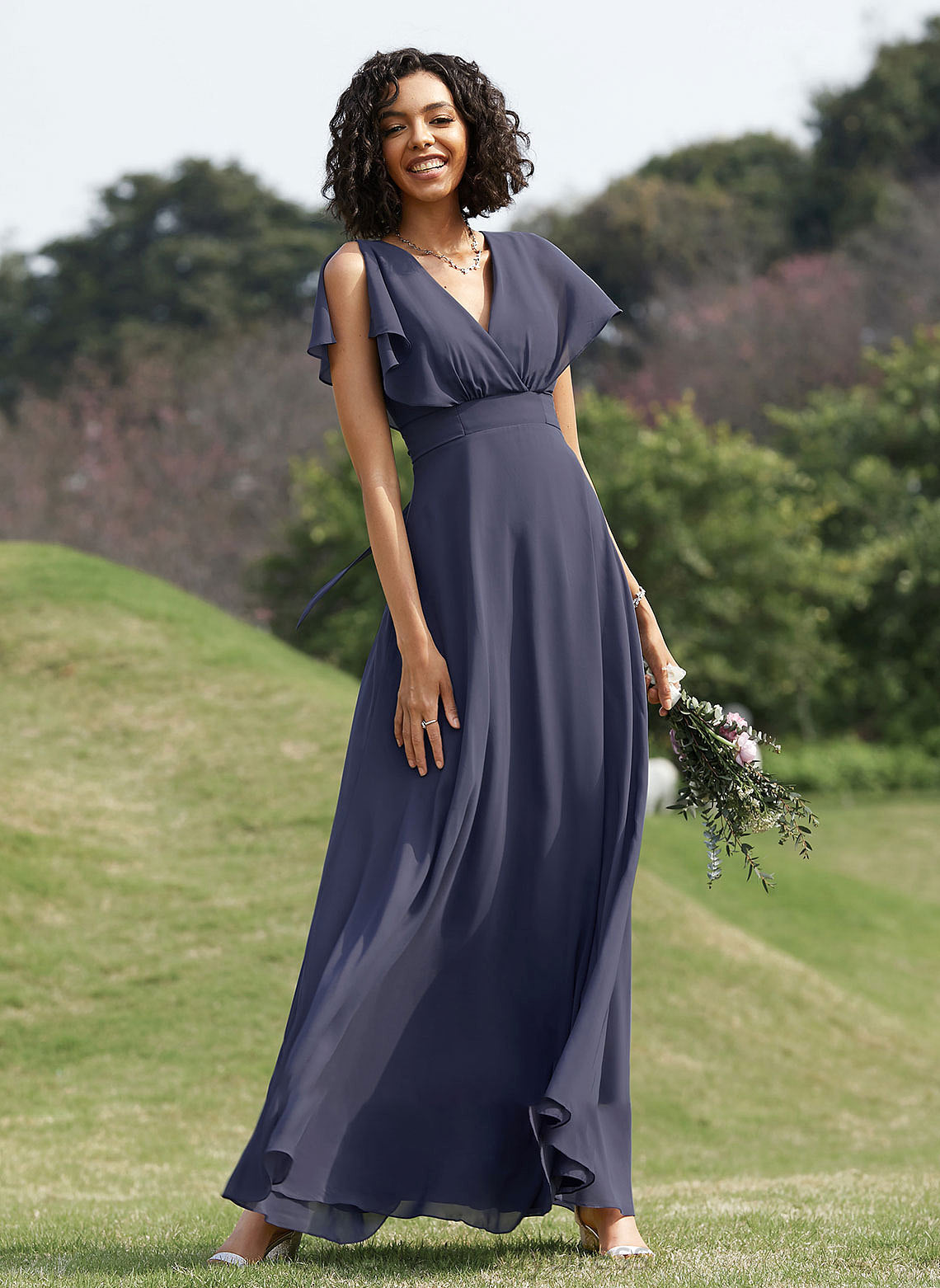 Fabric Straps Length V-neck Silhouette Floor-Length Neckline A-Line Gloria V-Neck A-Line/Princess 3/4 Length Sleeve Bridesmaid Dresses