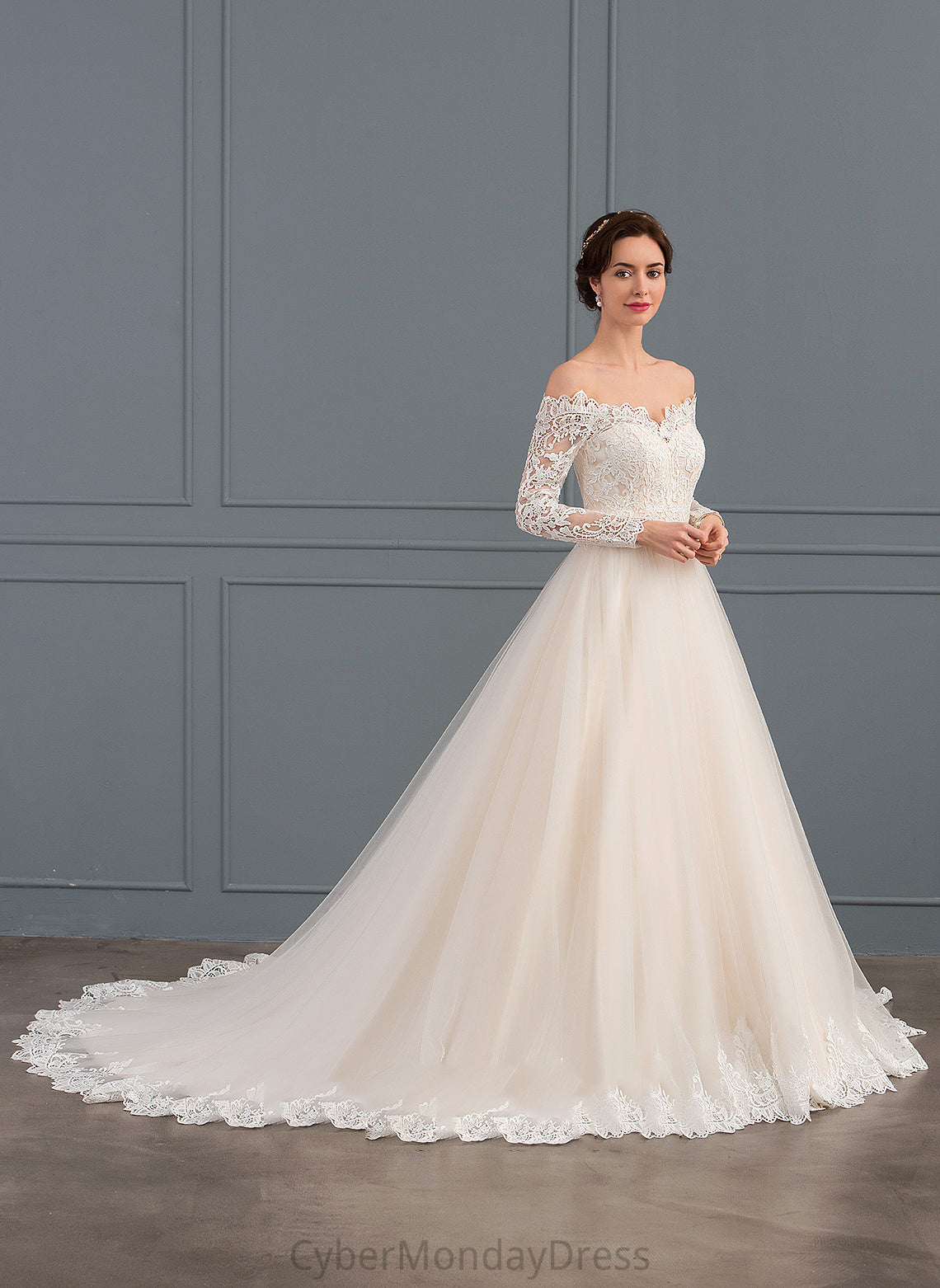 Ball-Gown/Princess Melanie Dress Tulle Off-the-Shoulder Train Chapel Lace Wedding Wedding Dresses