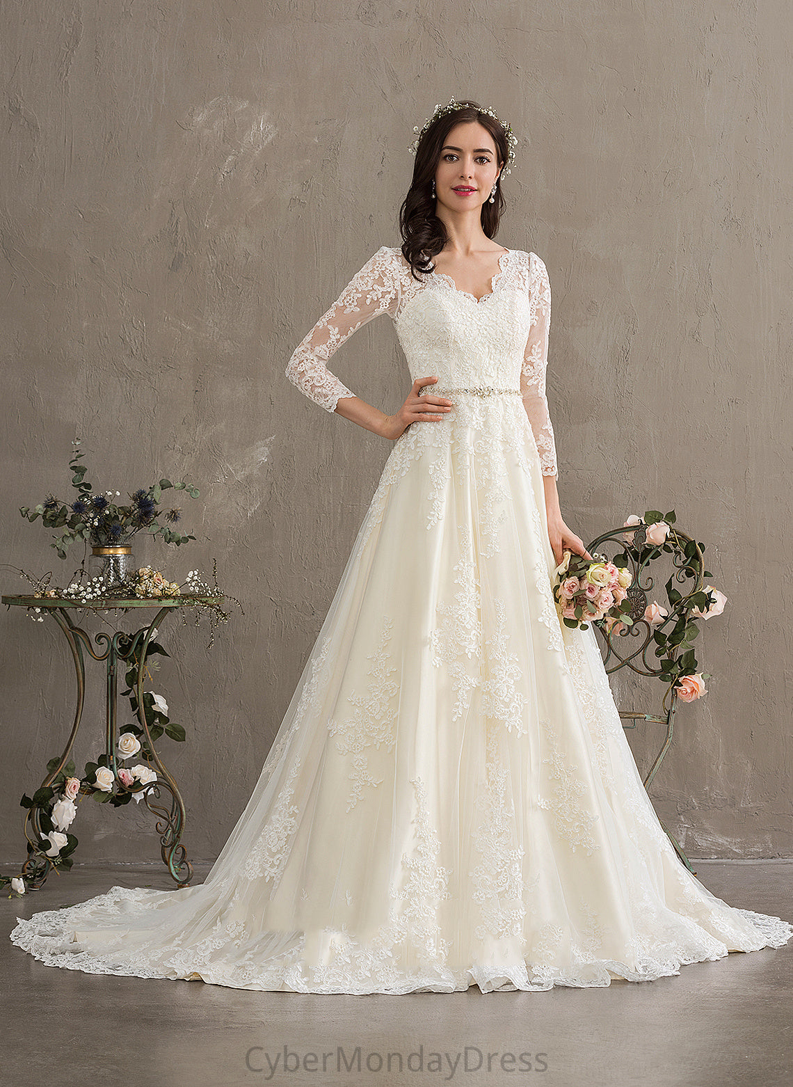 Wedding Dresses Allisson V-neck Sequins Beading Ball-Gown/Princess Lace Dress Train With Tulle Chapel Wedding