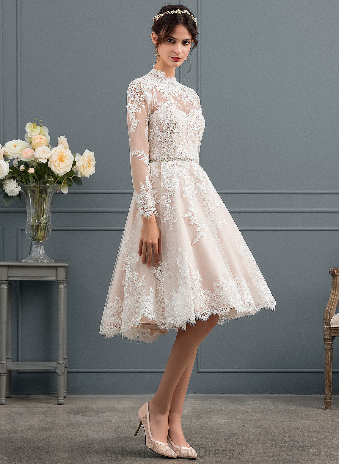 Illusion Wedding Esperanza A-Line Wedding Dresses Knee-Length Tulle Lace Dress