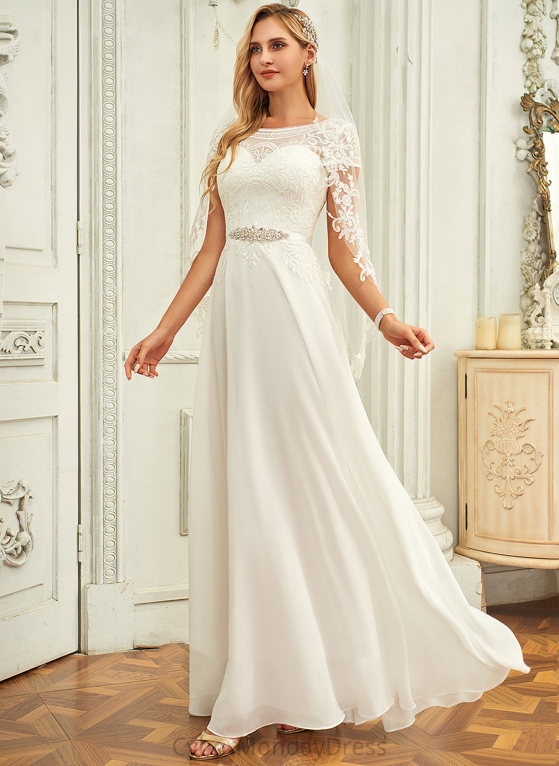 Dress Wedding Dresses Kendal Chiffon Scoop Sequins With Wedding Floor-Length Lace