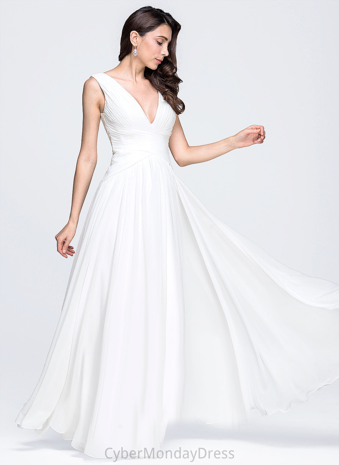 V-neck Eliza A-Line Wedding Dresses Pleated Wedding Floor-Length Chiffon Dress With