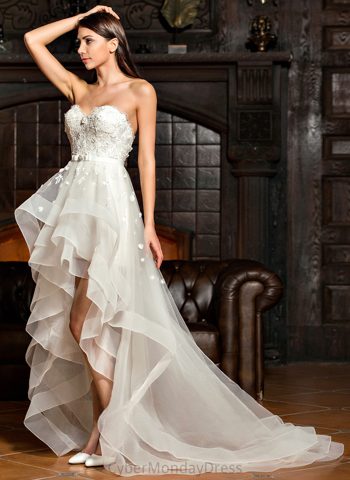 Tulle Asymmetrical A-Line Wedding Bow(s) Sweetheart Gloria With Dress Wedding Dresses Charmeuse Lace Beading