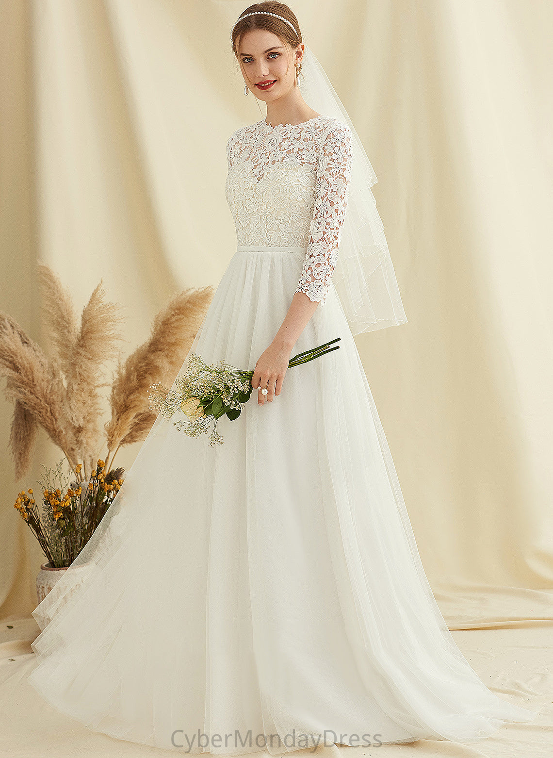 A-Line Sweep Mallory Wedding Train Tulle Wedding Dresses Lace Dress