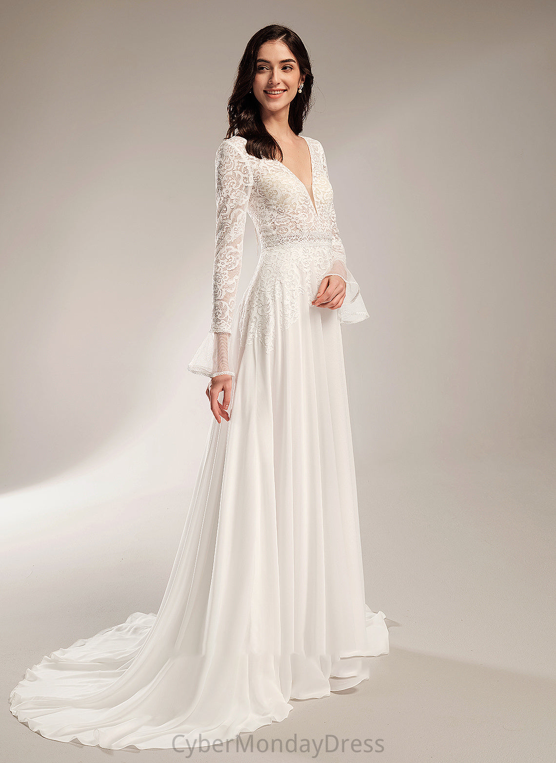 Court V-neck A-Line Wedding Wedding Dresses Train With Eliza Dress Ruffle