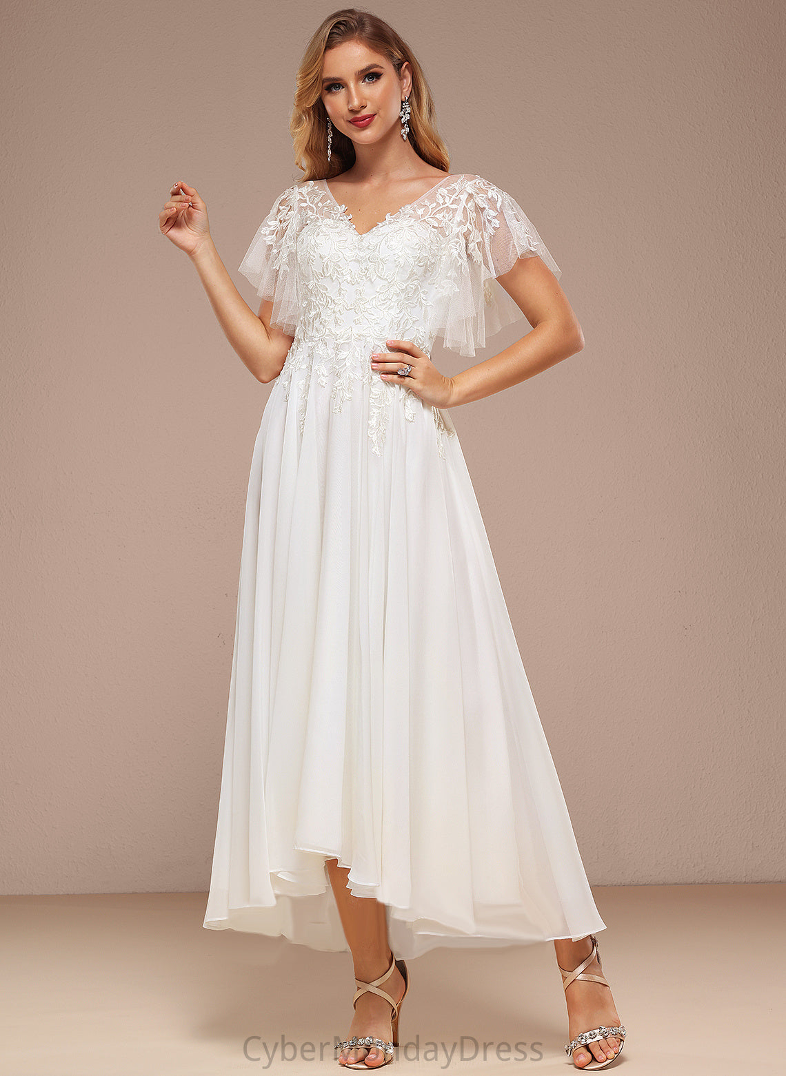 Tulle V-neck Dress With Wedding Dresses Asymmetrical Lace Patience A-Line Ruffle Wedding