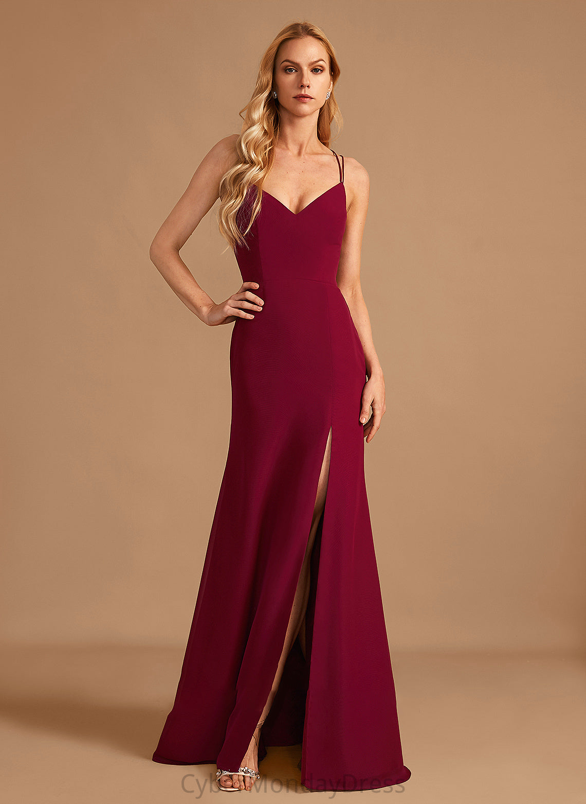 V-neck Silhouette Floor-Length Neckline Embellishment Trumpet/Mermaid SplitFront Length Fabric Kailyn Floor Length Sleeveless Bridesmaid Dresses