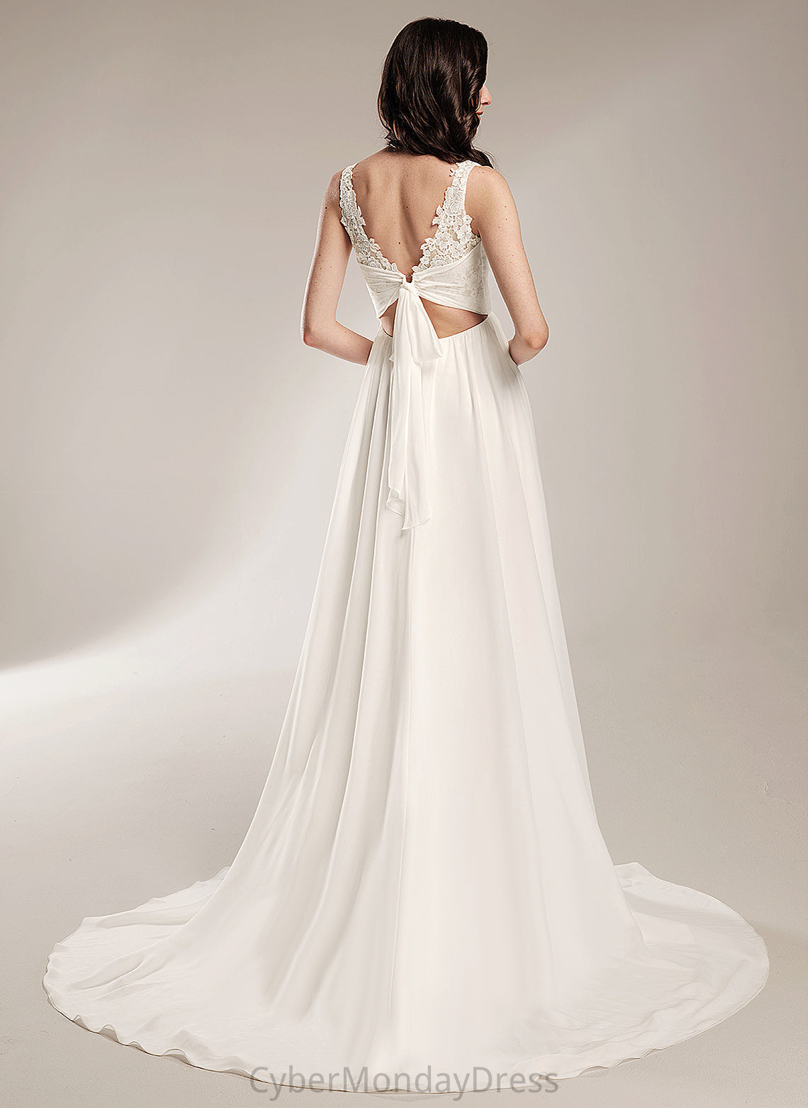 A-Line Sophronia Court Wedding Chiffon Lace Dress Train Wedding Dresses With V-neck