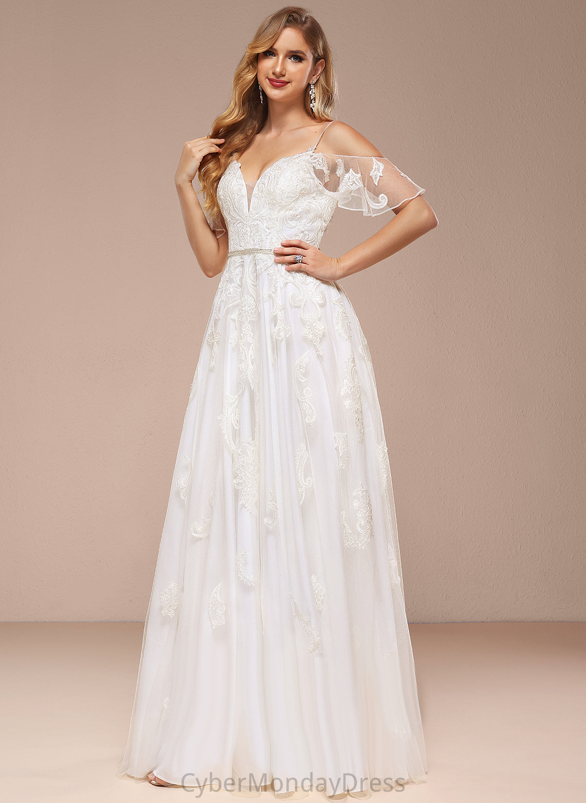 Beading Dress Wedding Dresses With Shoulder A-Line Wedding Catalina Tulle Cold Lace Sequins Floor-Length