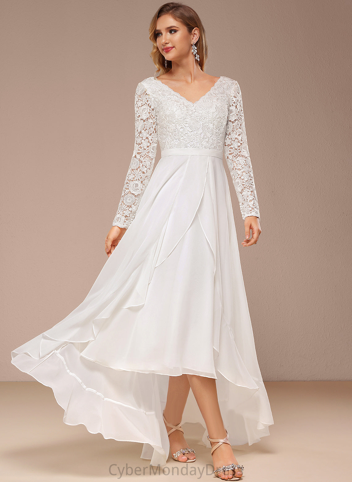 Deja Wedding Asymmetrical Lace Wedding Dresses A-Line Dress V-neck Chiffon