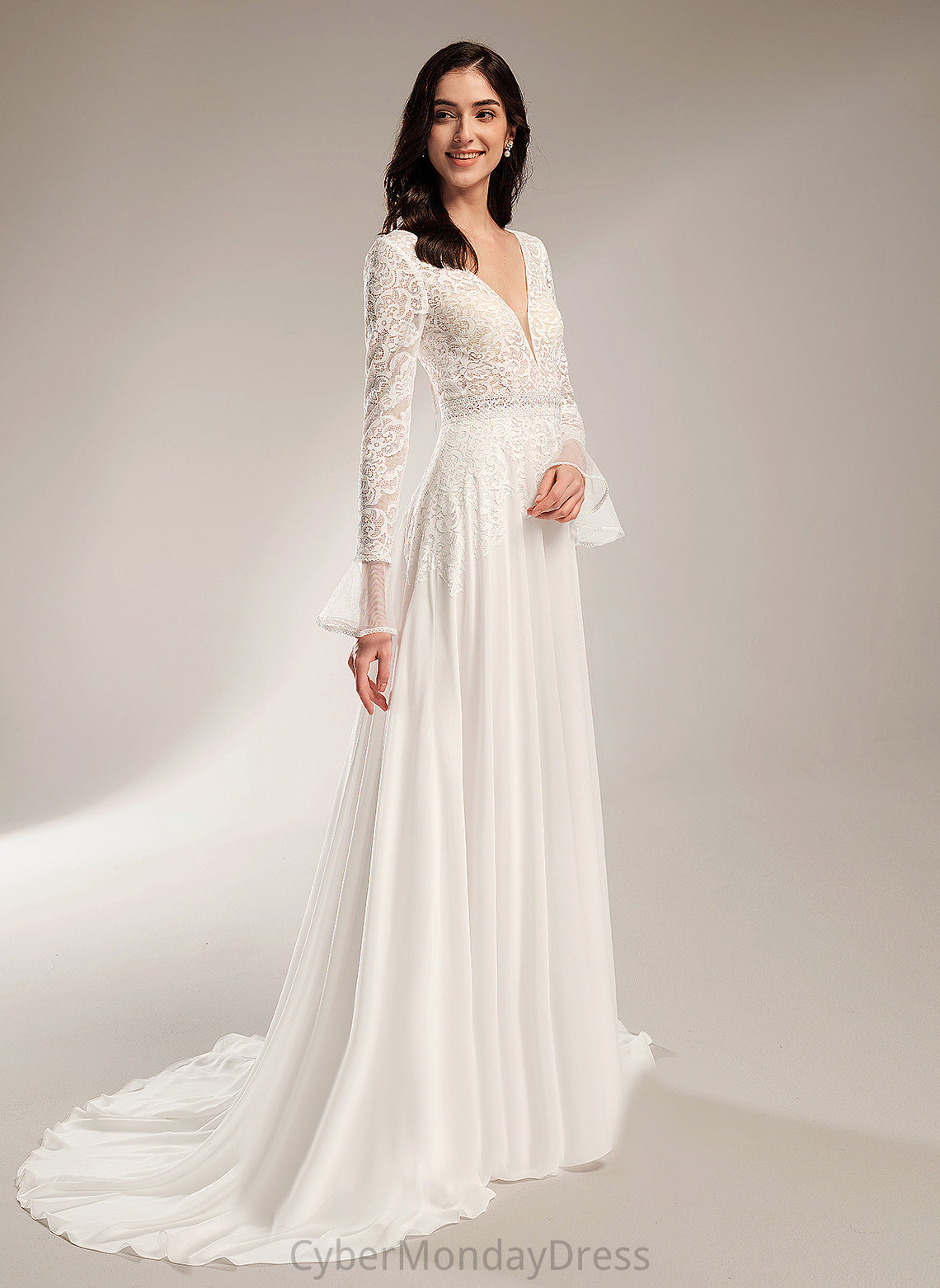 Dress Court A-Line Wedding Dresses Lace Train With V-neck Kassandra Chiffon Wedding Ruffle