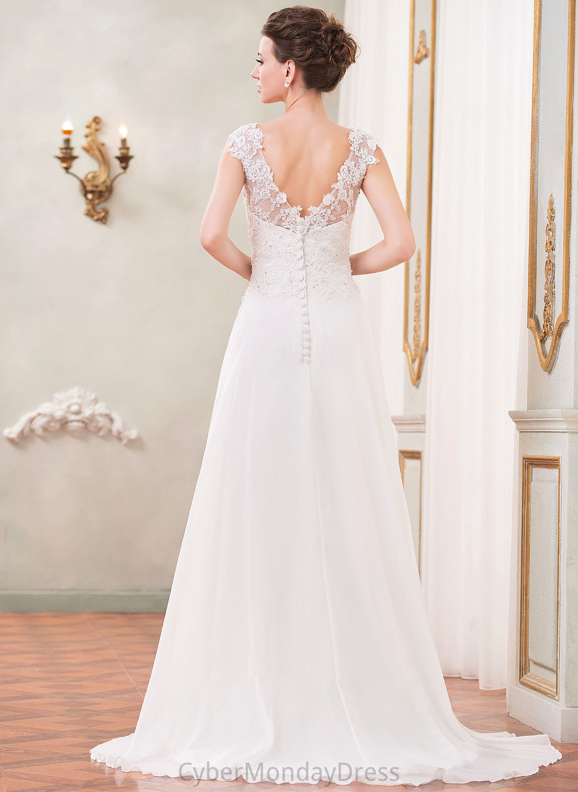 With Train Chiffon Wedding Dresses Sweep Beading Dress Wedding Selah Lace A-Line Sequins V-neck