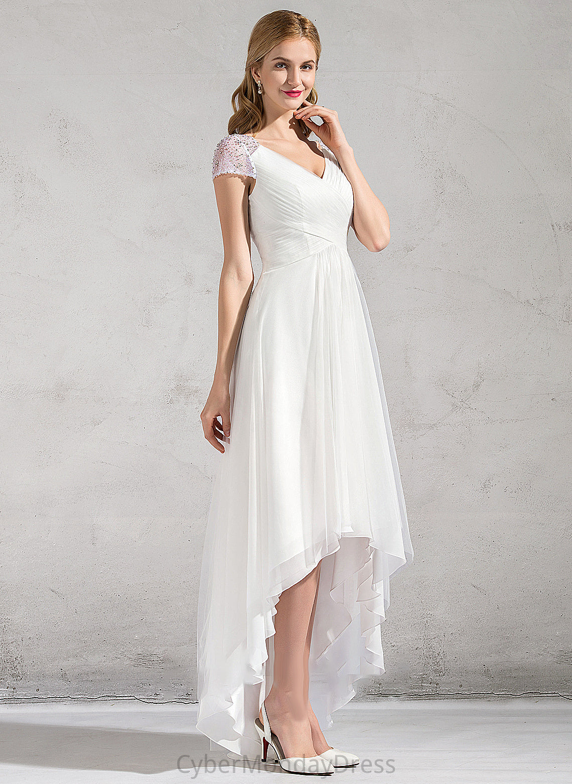 Wedding Dress Sequins Tulle V-neck Ruffle A-Line Asymmetrical Jenna Wedding Dresses With Beading