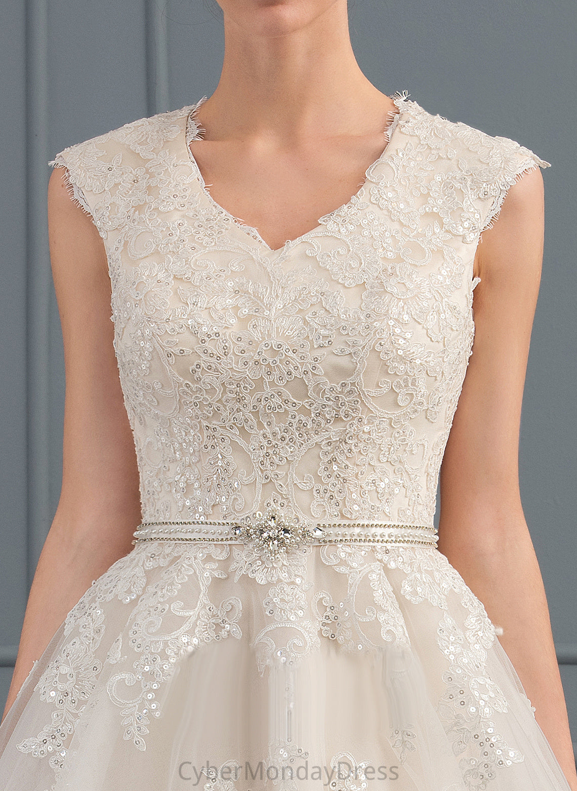 Sequins Dress Wedding Dresses A-Line With V-neck Train Sweep Beading Tulle Kelsie Wedding Lace Bow(s)