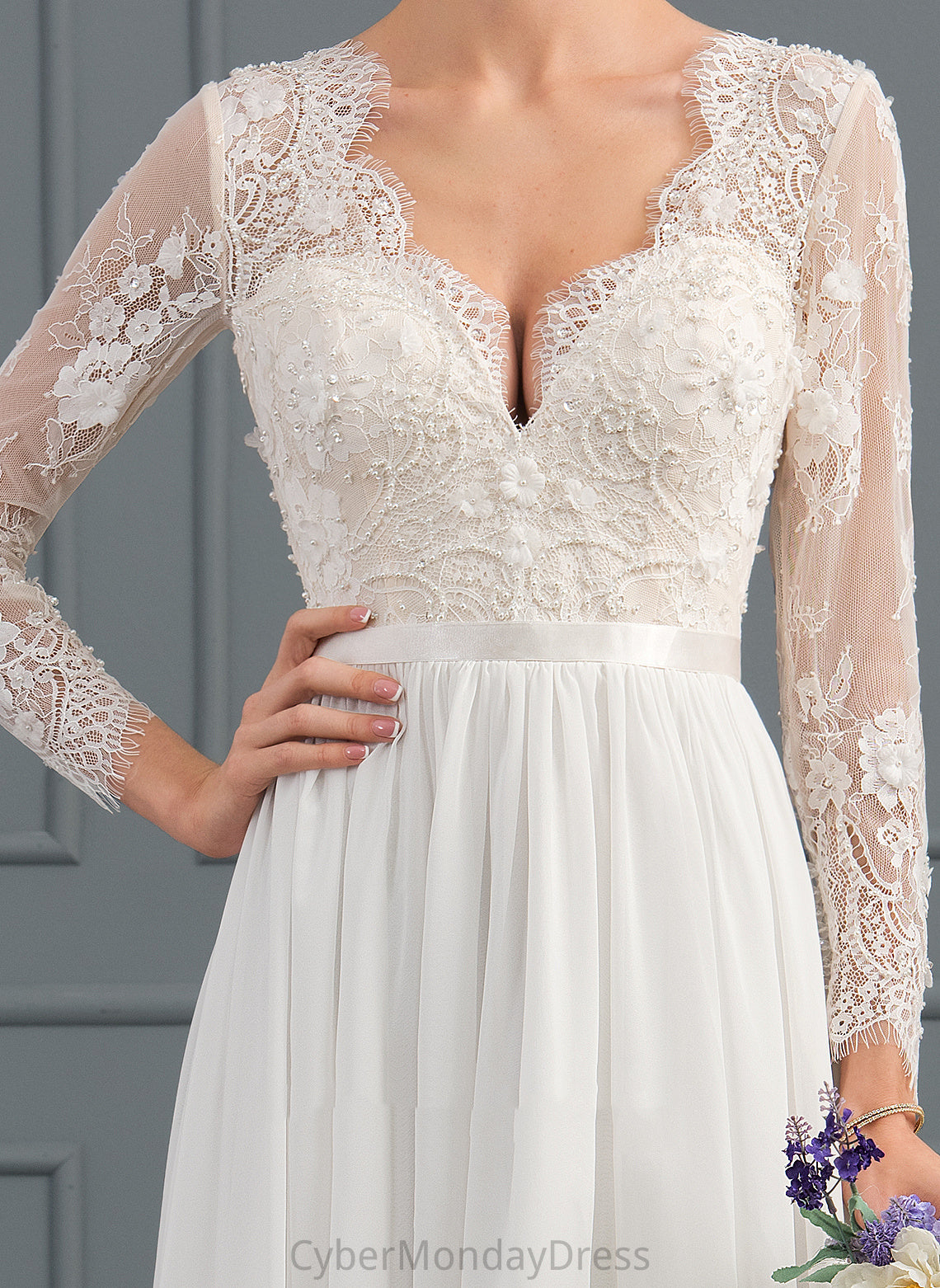 V-neck Sequins A-Line Train Lace Wedding Beading Sweep Wedding Dresses With Chiffon Dress Lori