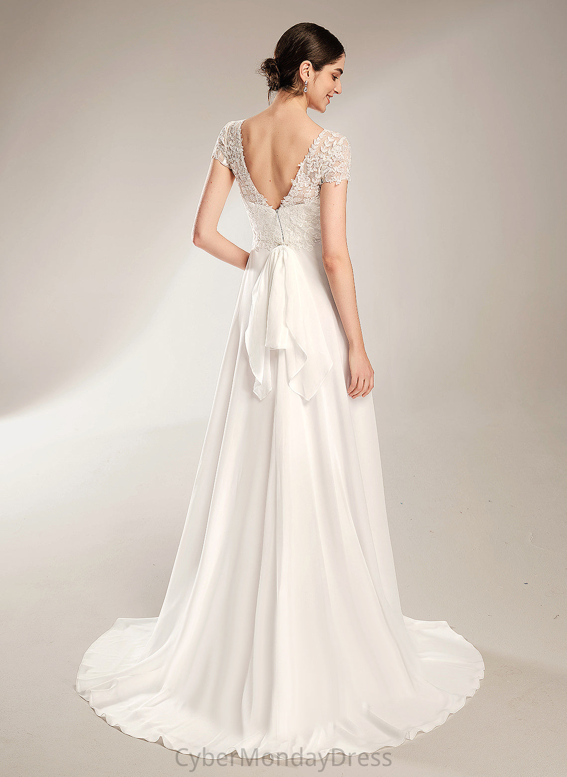 Chiffon Wedding Wedding Dresses A-Line Dress Bow(s) Court Lace Pru Train V-neck With