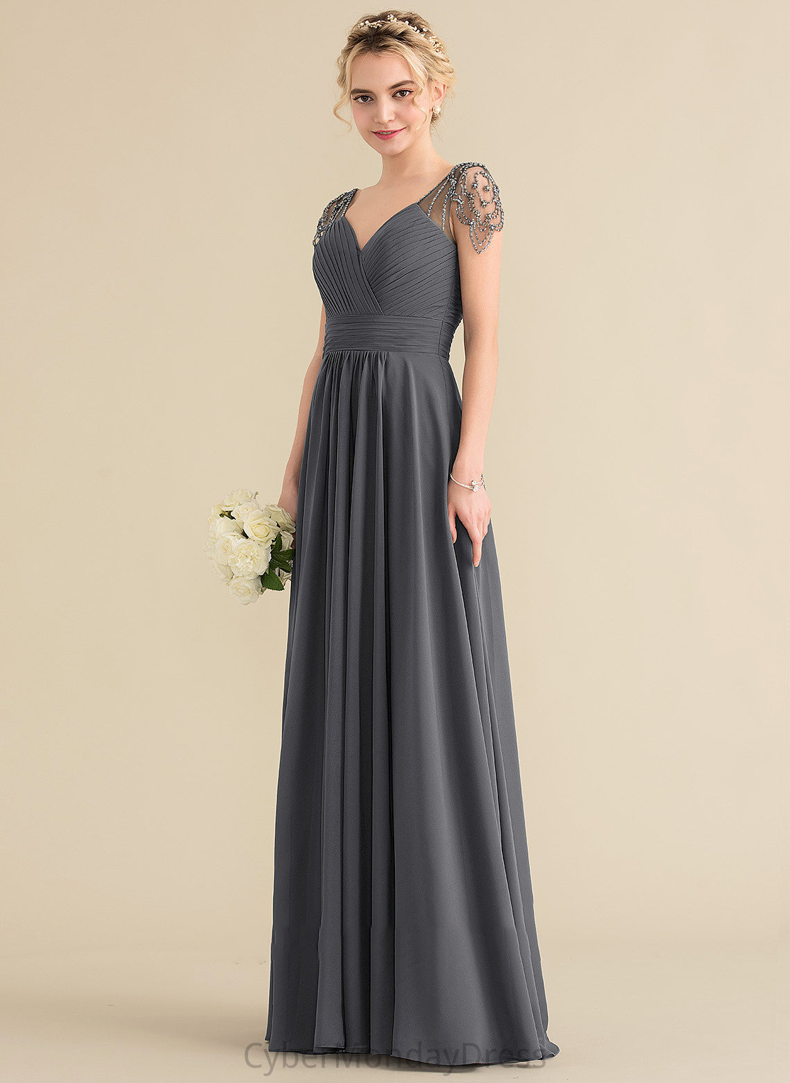 Ruffle Neckline Beading Sequins V-neck Fabric Length Floor-Length A-Line Silhouette Embellishment Aleena Bridesmaid Dresses