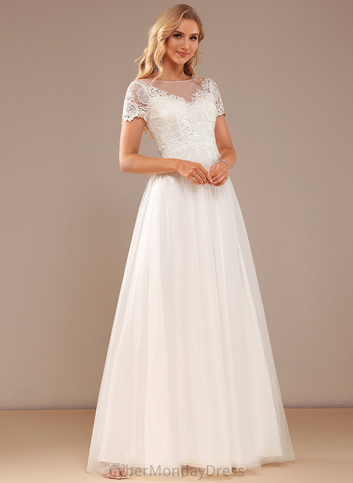 Bridget Wedding Floor-Length Lace Tulle Scoop Neck With Lace Wedding Dresses Dress A-Line