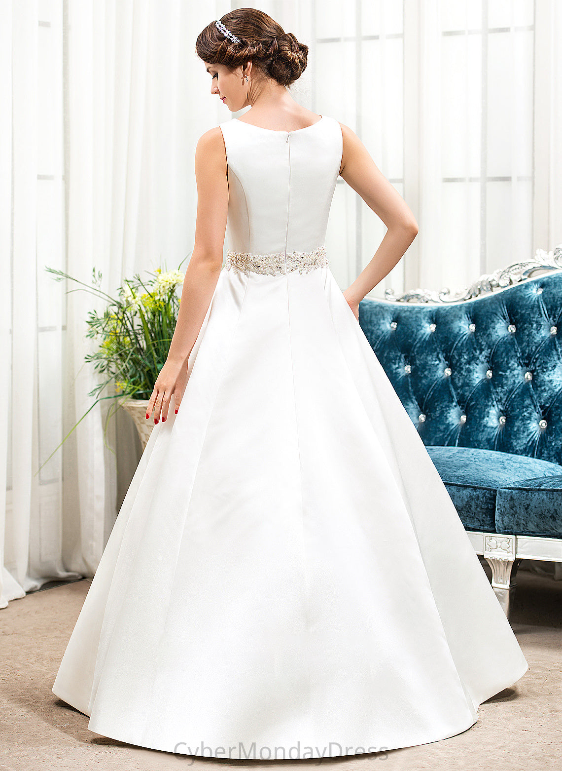 Sequins With Ball-Gown/Princess Floor-Length Wedding Dresses Neck Scoop Dress Wedding Satin Beading Millicent