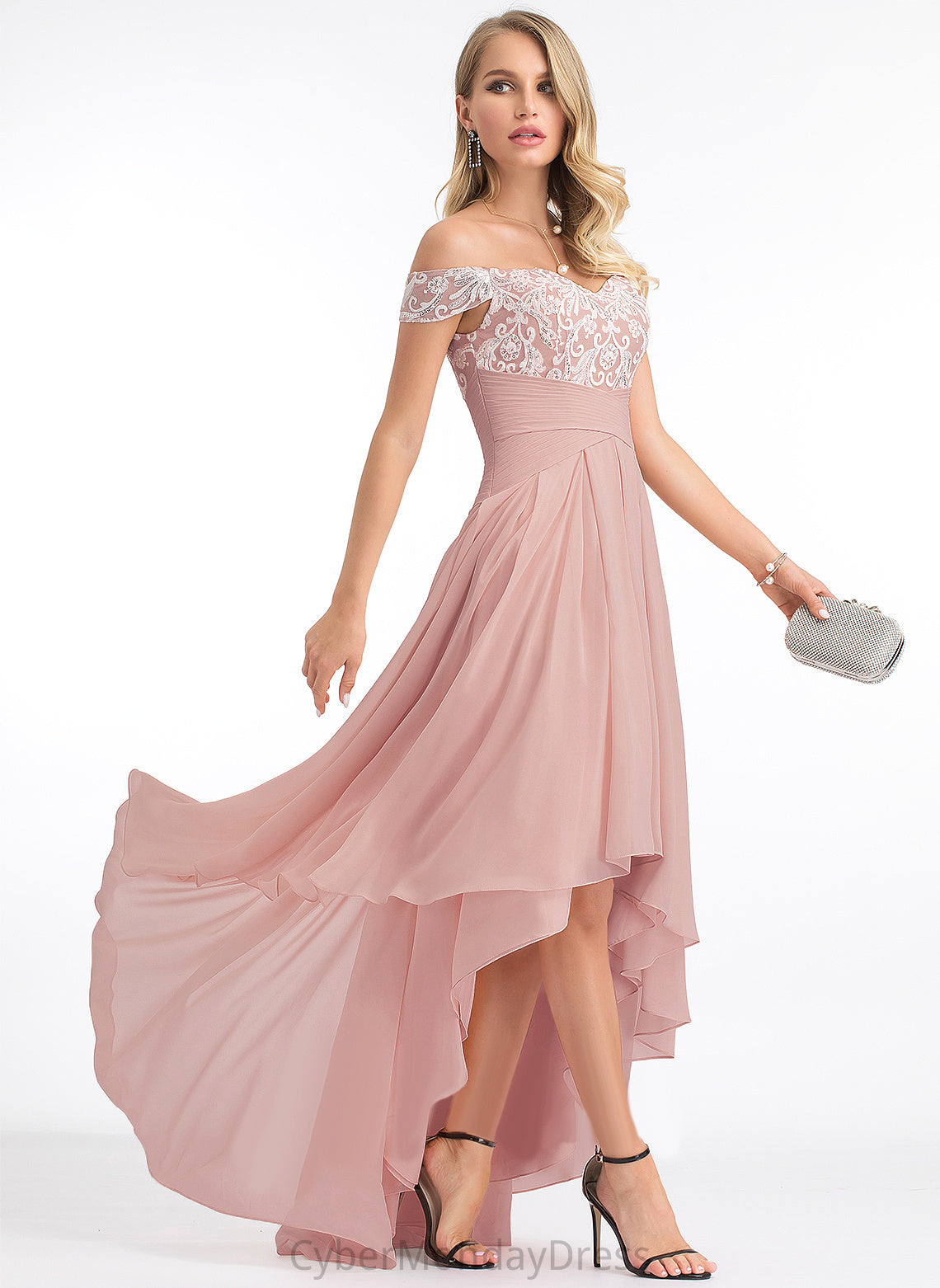 Dress Lace A-Line Asymmetrical Wedding Chiffon Pleated With Wedding Dresses Off-the-Shoulder Jazmin