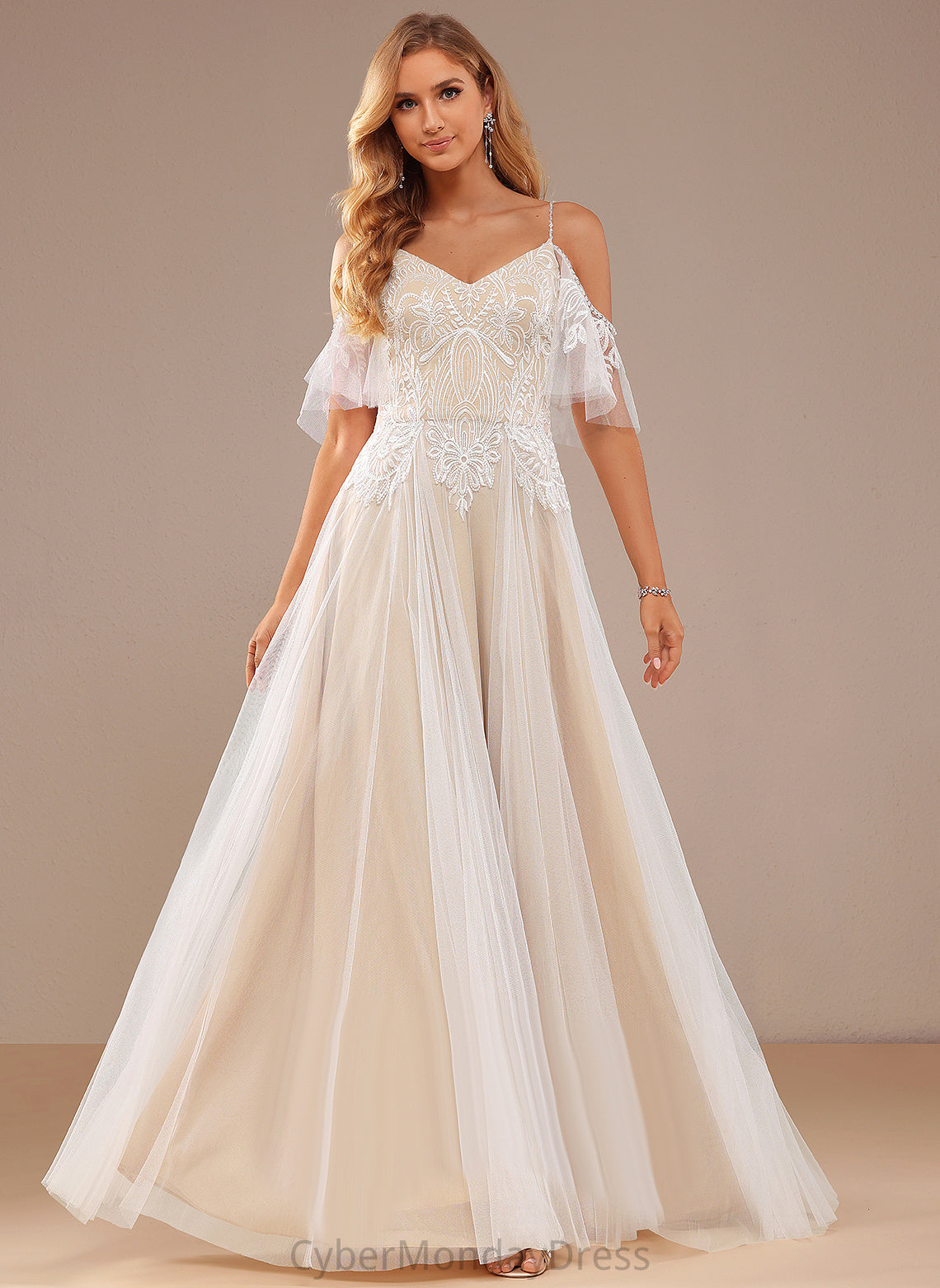 Wedding Dresses Floor-Length Tulle Sequins Dress A-Line V-neck Gisselle Lace Lace With Beading Ruffle Wedding