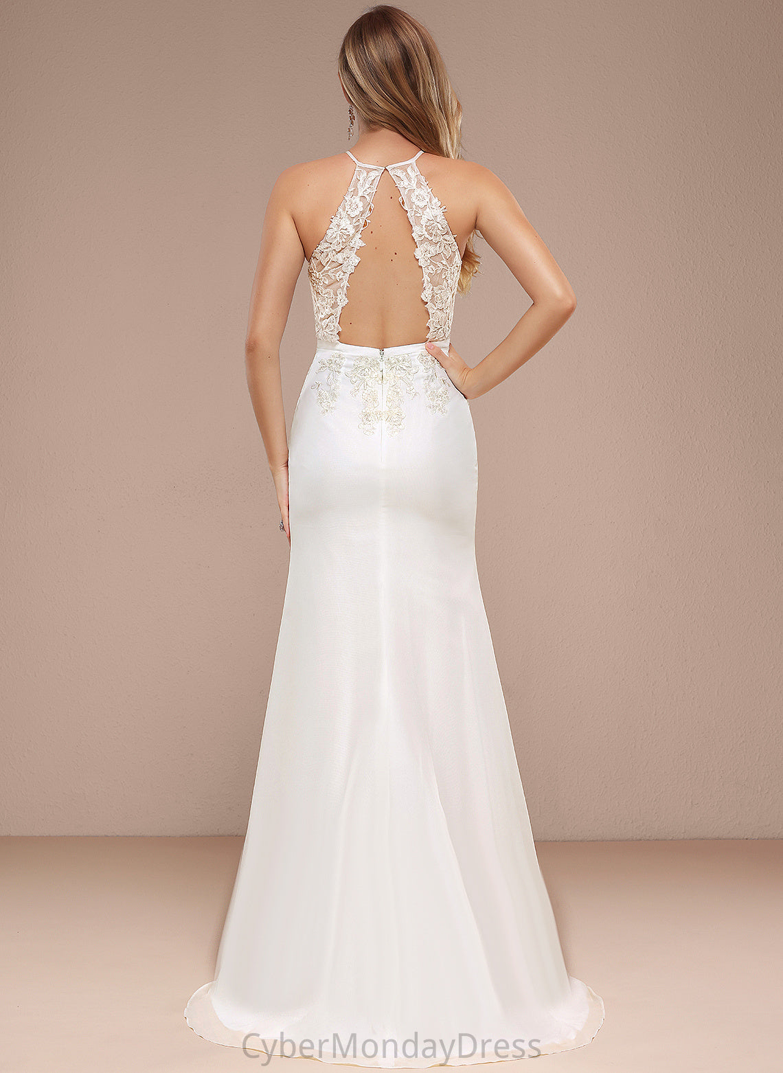 With Wedding Dresses Trumpet/Mermaid Wedding Dress Chiffon Sweep Halter Lace Sequins Train Aracely