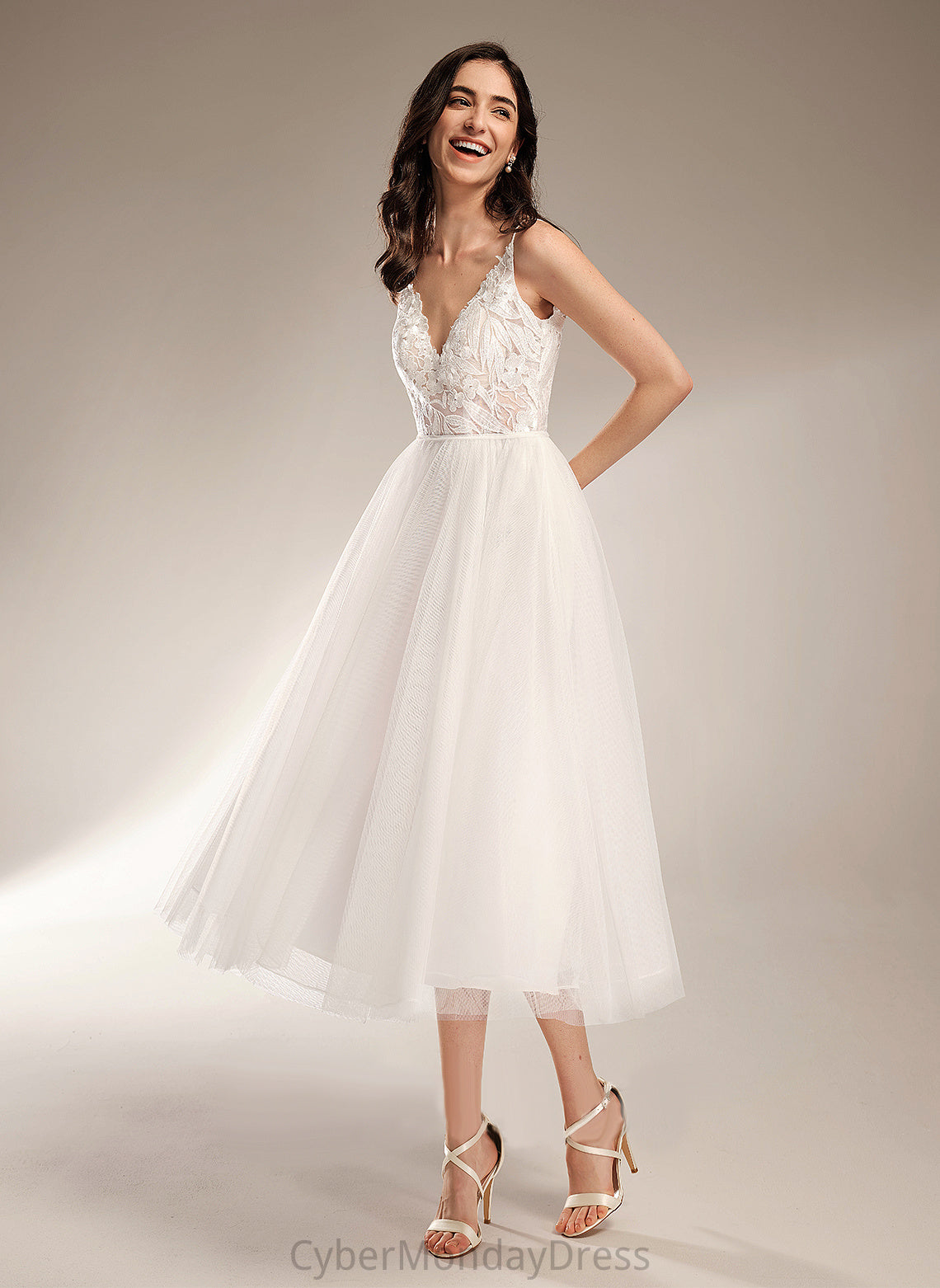 Tea-Length Tulle Lace A-Line Lena Dress Wedding V-neck Wedding Dresses