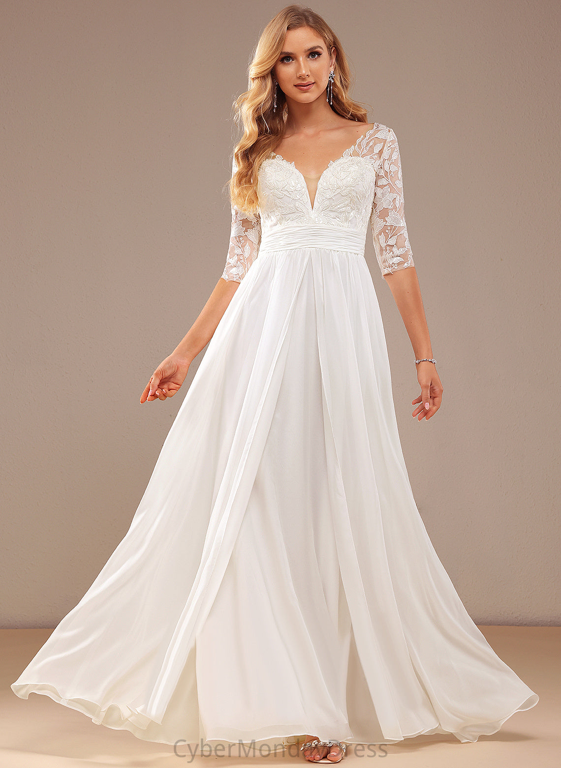 Lace V-neck Floor-Length Jordyn Sequins With Wedding A-Line Dress Lace Wedding Dresses Chiffon Ruffle