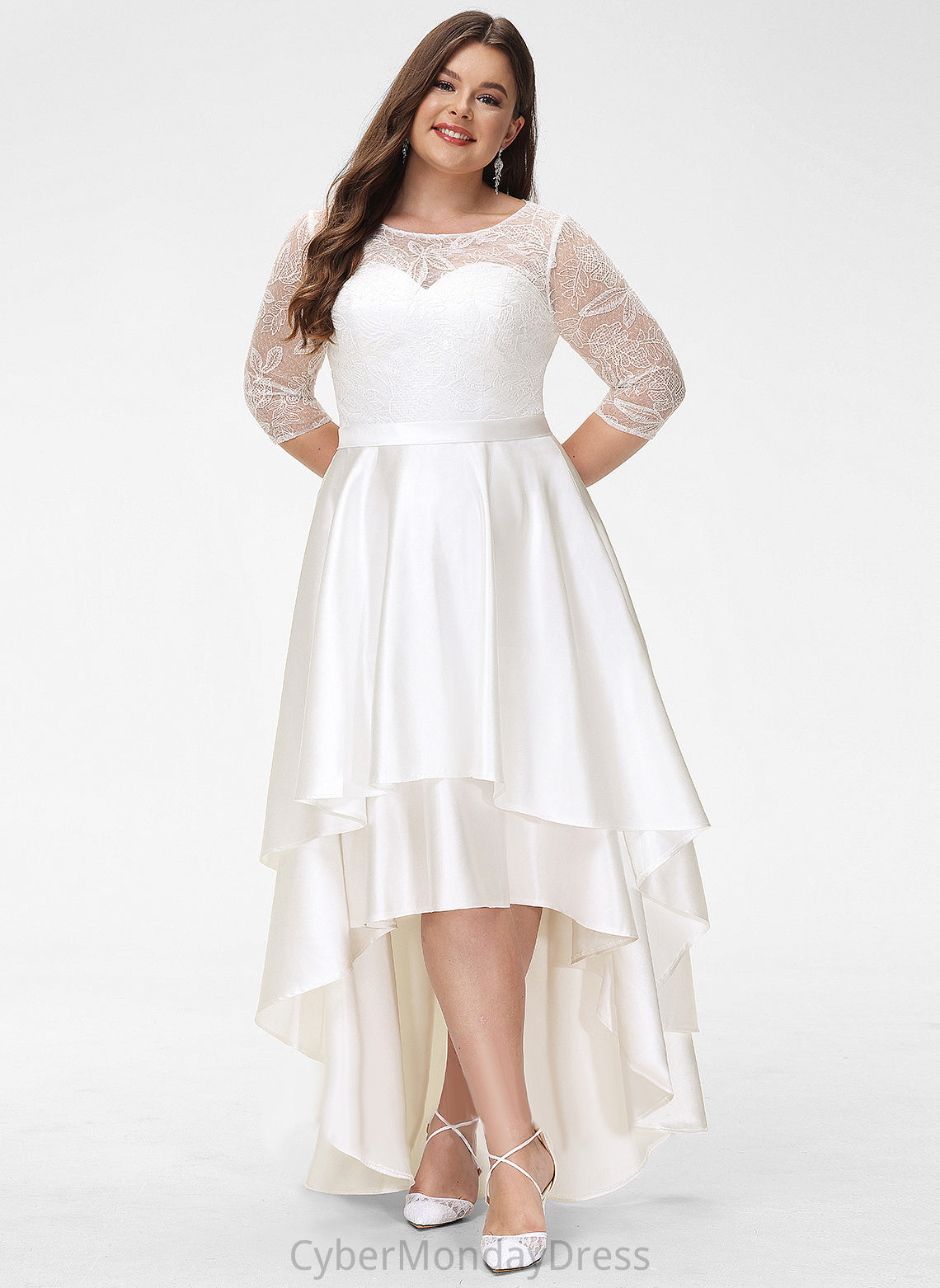 Wedding Asymmetrical Scoop Wedding Dresses Dominique A-Line Lace Satin Dress