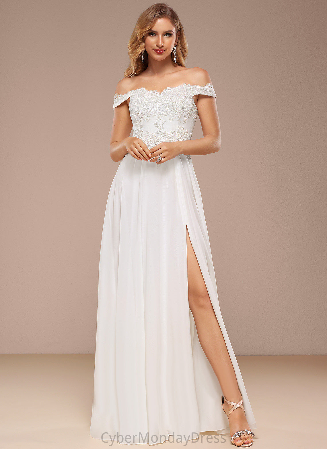 Sequins Wedding Dresses Off-the-Shoulder Dress Lace Gracie Floor-Length Wedding With A-Line Chiffon