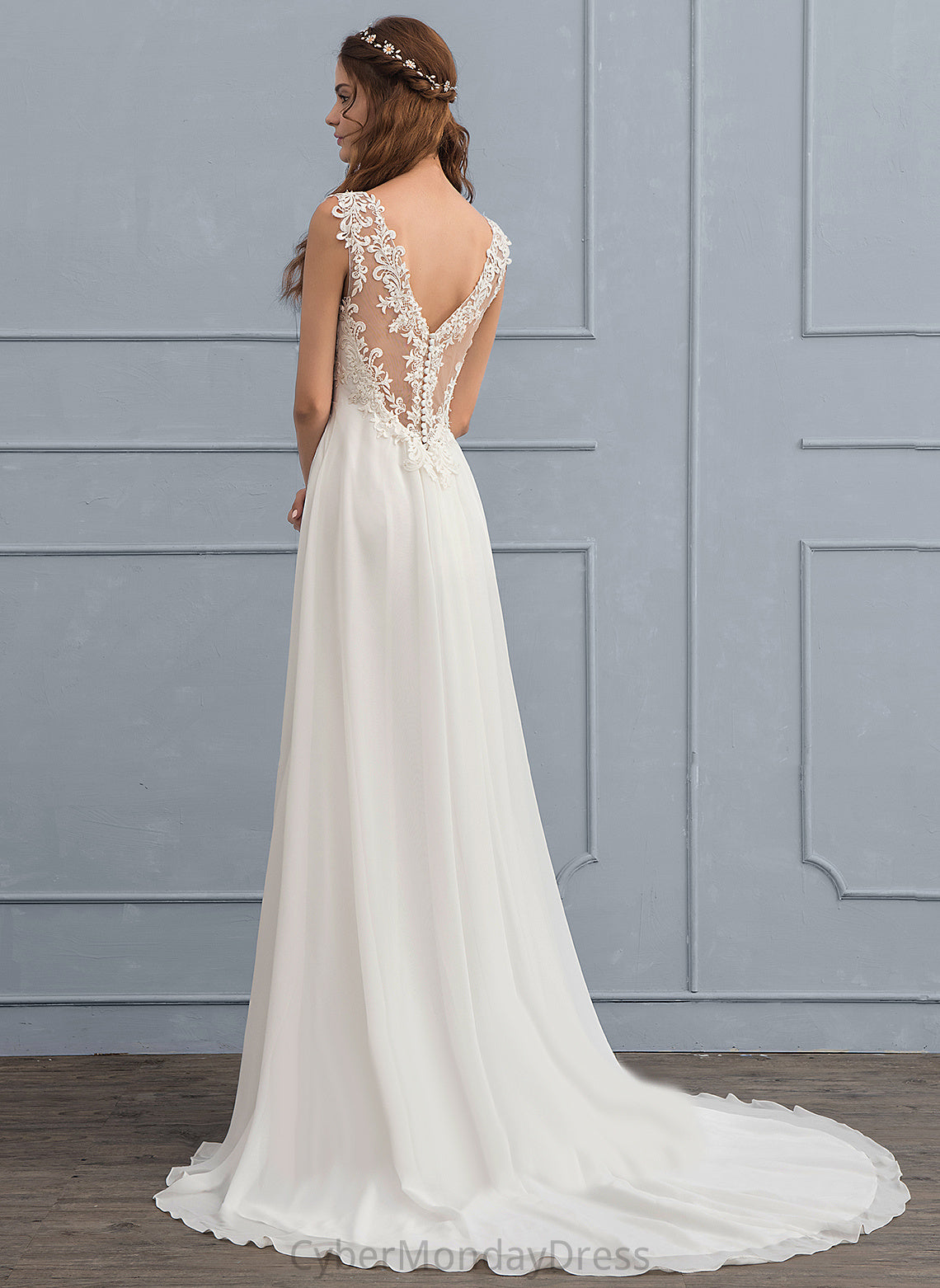 Lace Dress Sequins Karli V-neck Wedding Dresses Wedding With Chiffon Beading Train A-Line Court