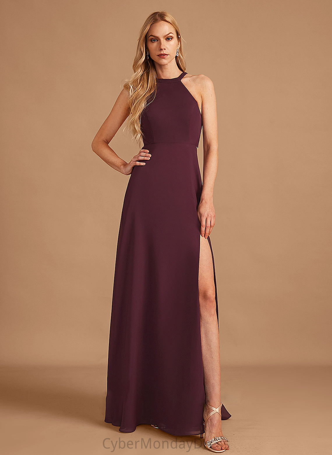 Neckline Silhouette Floor-Length SplitFront HighNeck Fabric A-Line Embellishment Length Rachael Floor Length Natural Waist Bridesmaid Dresses