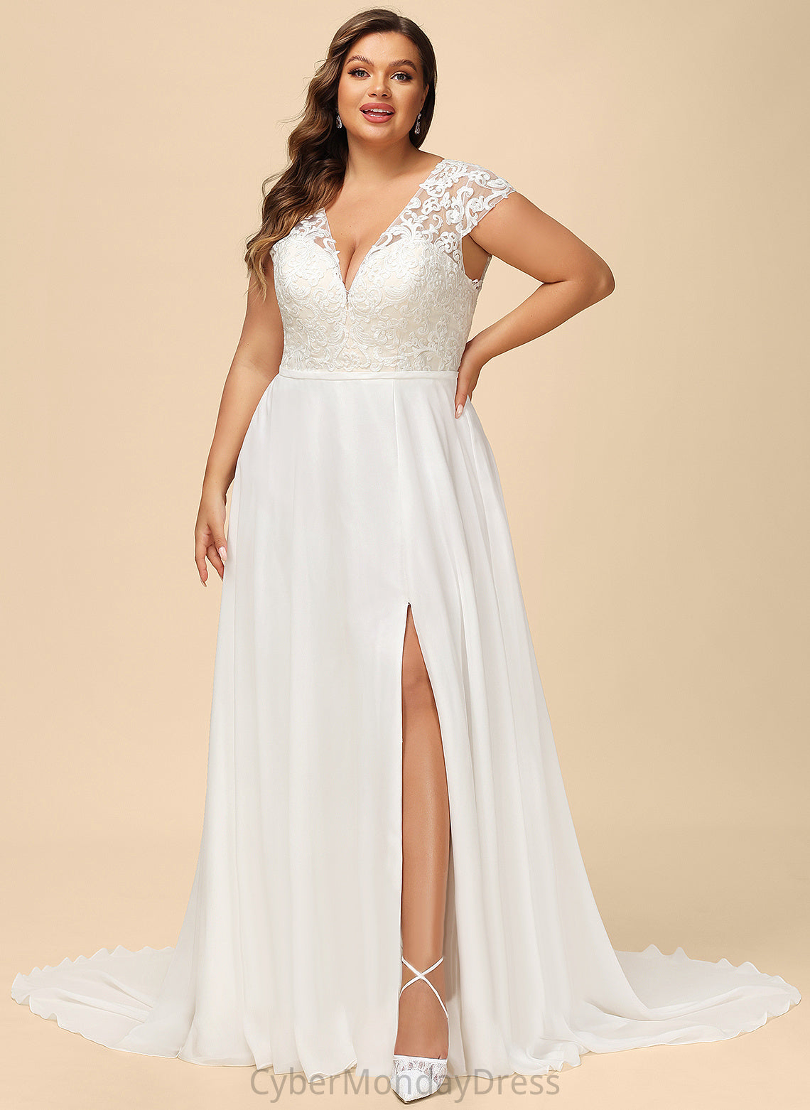 Train Front V-neck Sweep A-Line Wedding Dresses Split Dress Peggie Wedding Lace With Chiffon