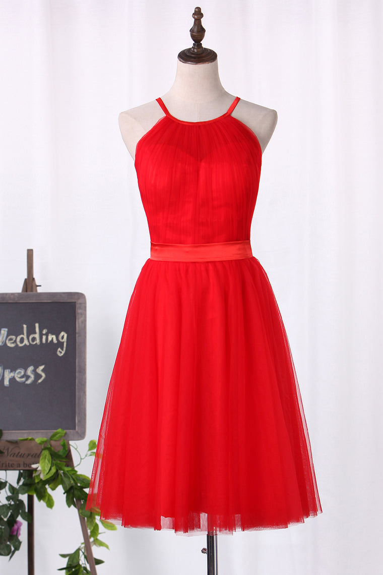 2024 Halter Bridesmaid Dresses Tulle With Ruffles And Sash A Line