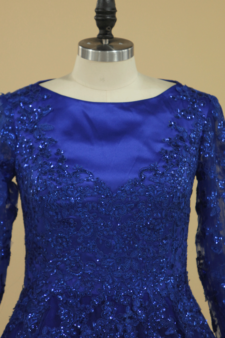 2024 Dark Royal Blue Long Sleeves A Line Tulle With Applique