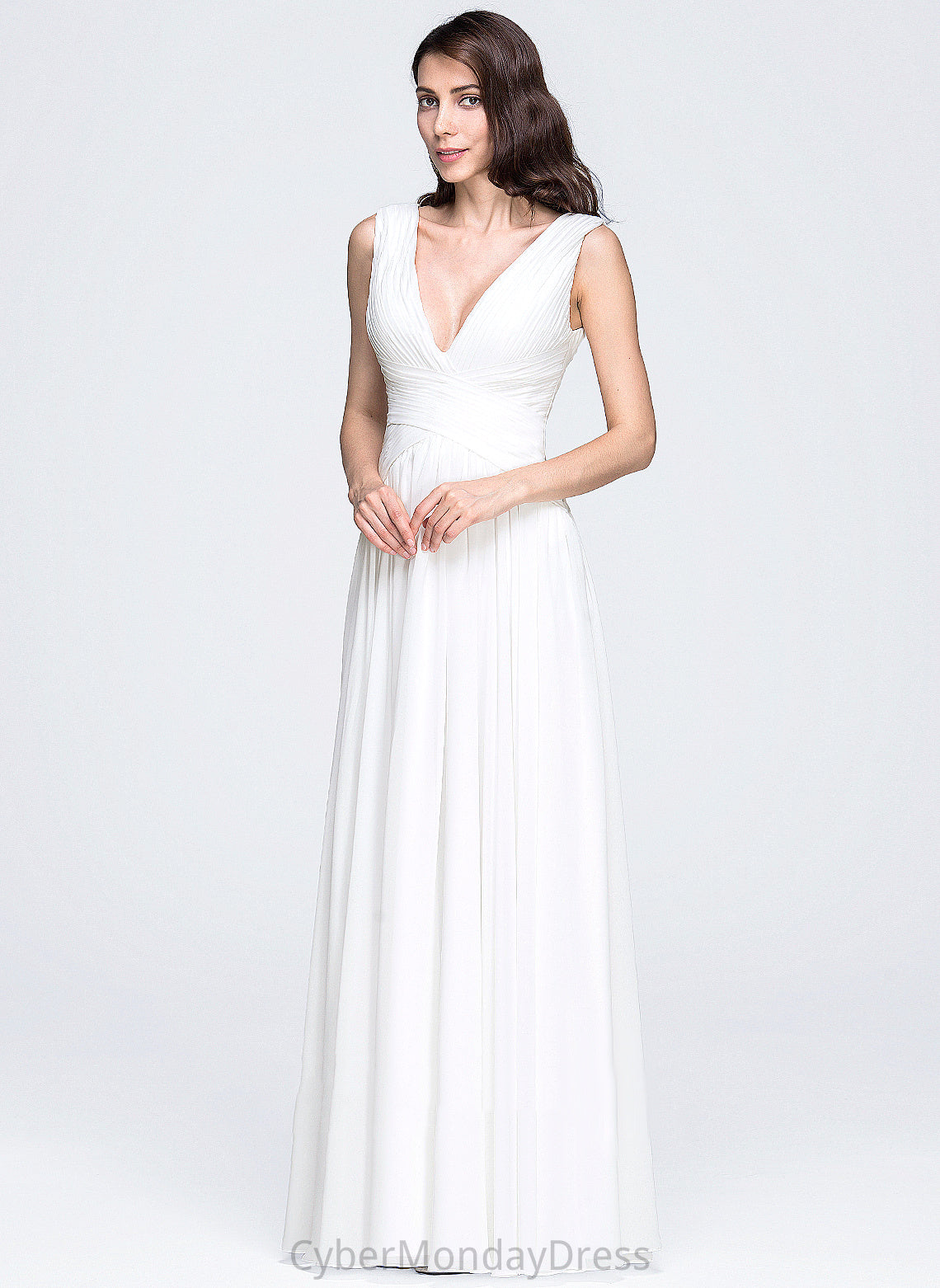 V-neck Eliza A-Line Wedding Dresses Pleated Wedding Floor-Length Chiffon Dress With