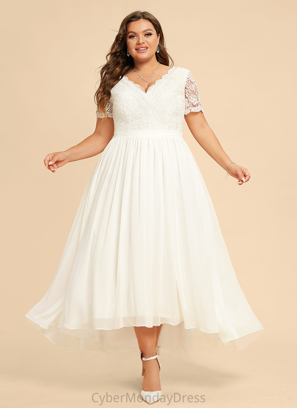 Chiffon V-neck Asymmetrical Nyasia Wedding Lace Dress Wedding Dresses A-Line