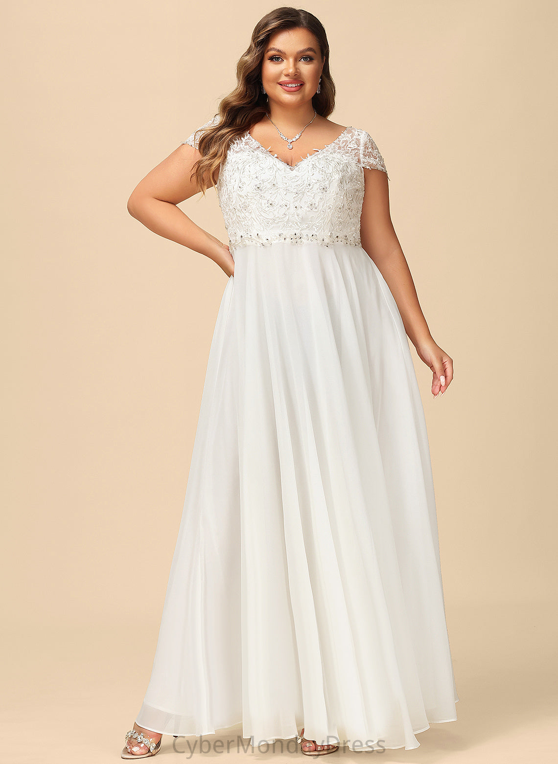 Chiffon Floor-Length Wedding With Lace V-neck Wedding Dresses A-Line Sequins Beading Dress Jazlynn