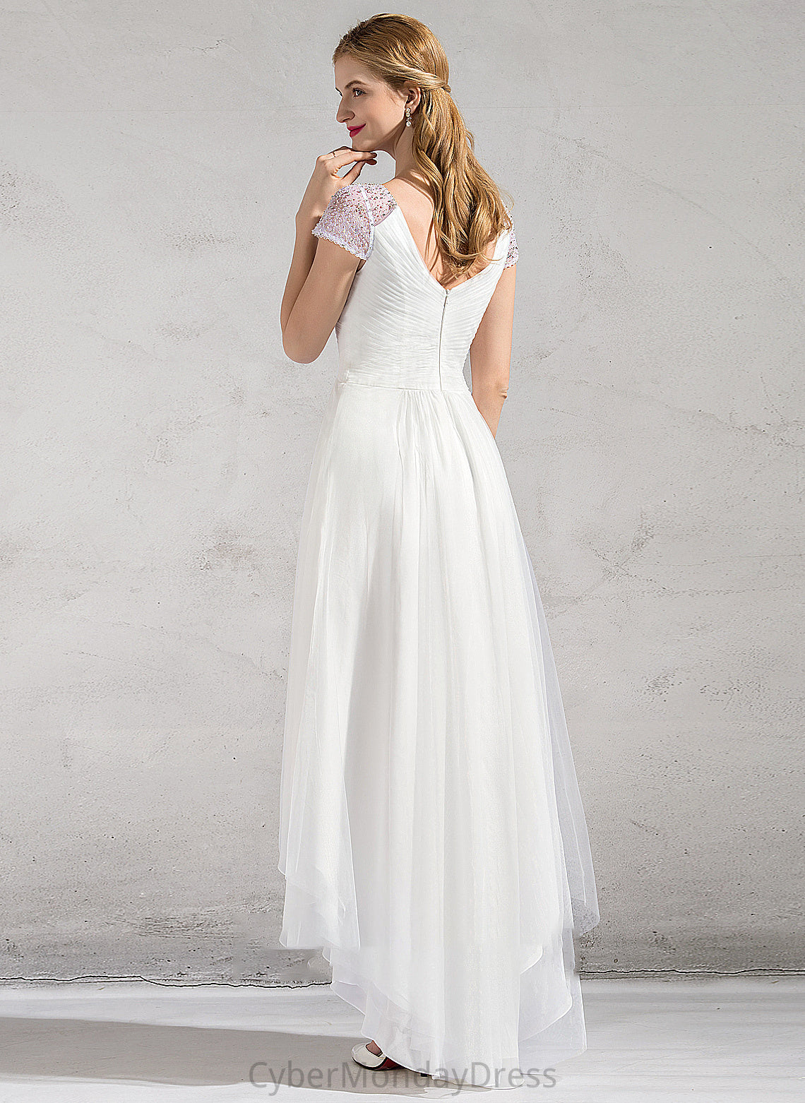 Wedding Dress Sequins Tulle V-neck Ruffle A-Line Asymmetrical Jenna Wedding Dresses With Beading