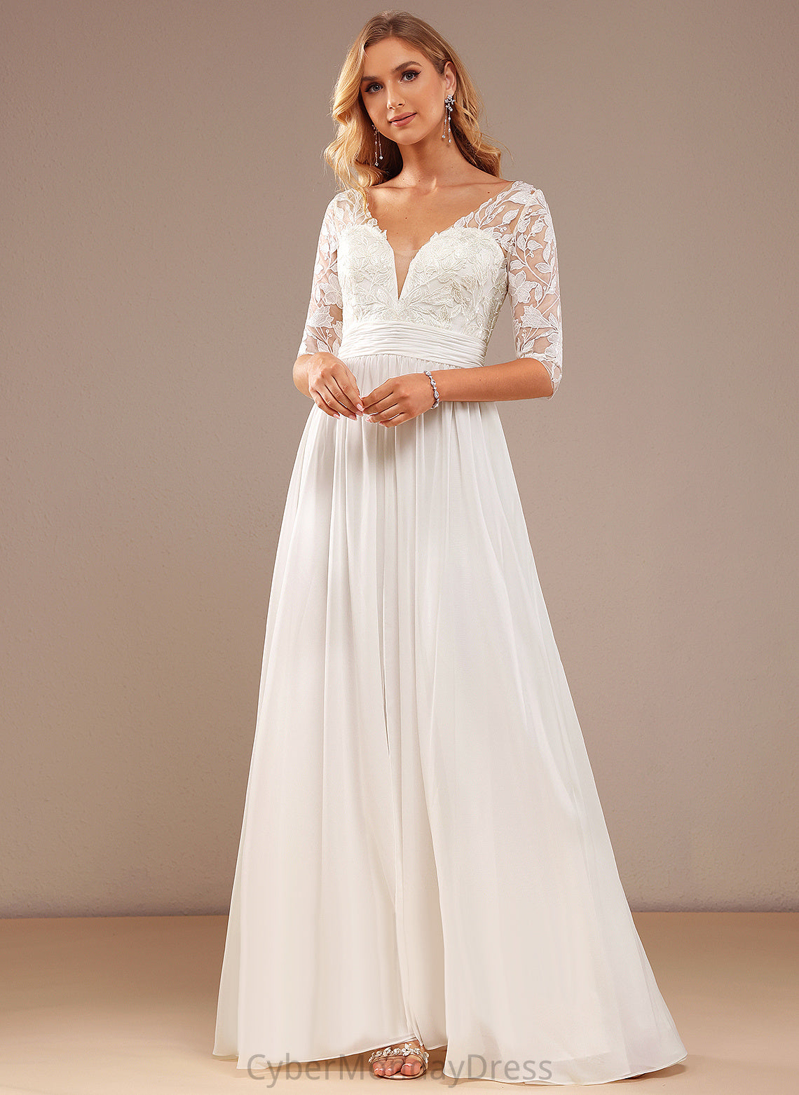 Dress Wedding Dresses A-Line Wedding With Chiffon Sequins Lace Ruffle V-neck Floor-Length Olive