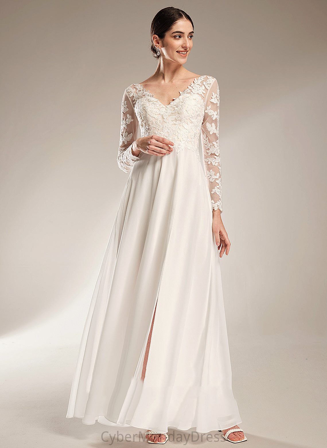 Karley Lace A-Line Split Front Wedding Chiffon Dress With V-neck Wedding Dresses Floor-Length