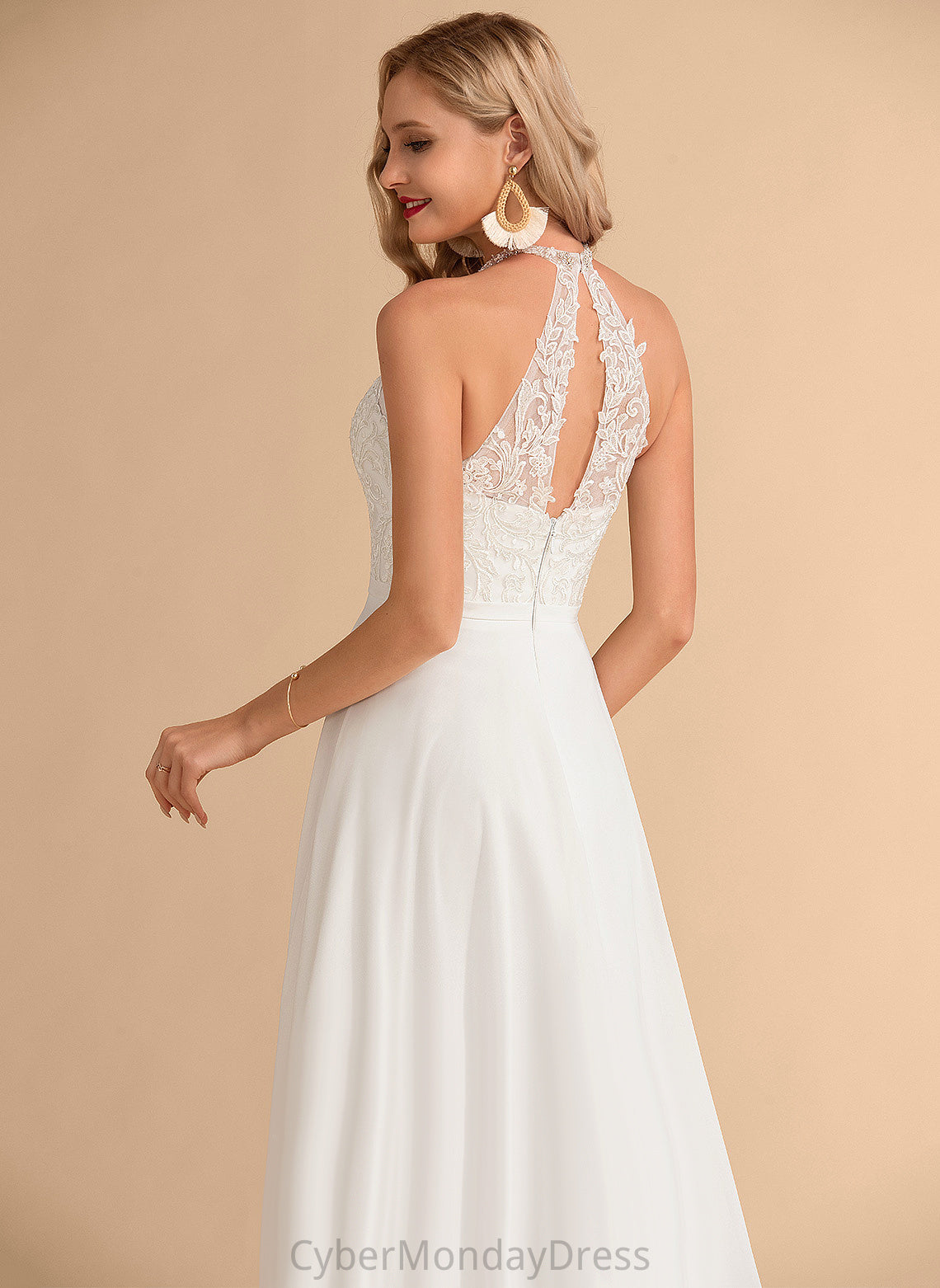 Dress Wedding Wedding Dresses A-Line Melina Neck Lace High Chiffon Floor-Length