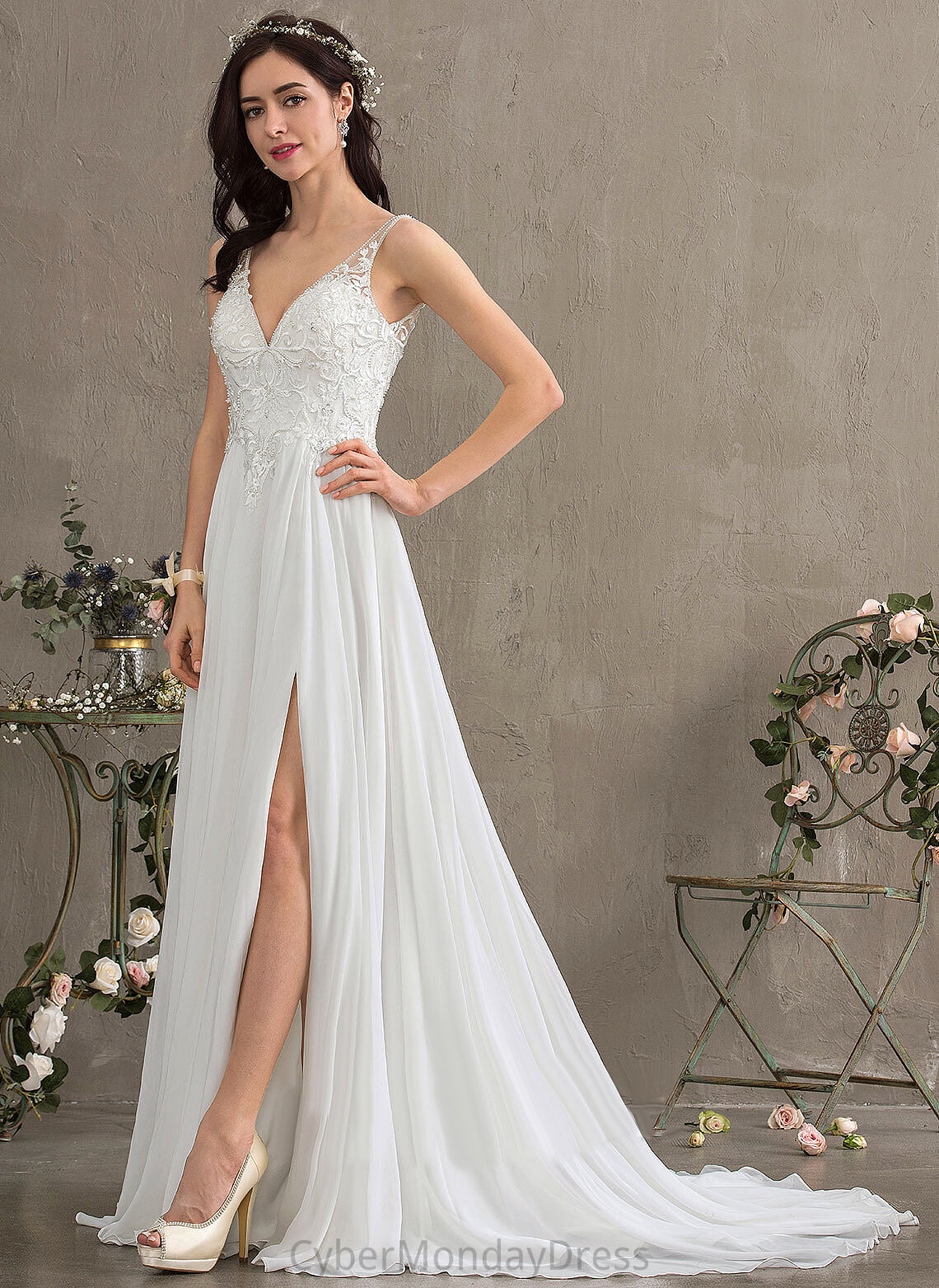 Train With Sequins Beading Lace Dress Front Wedding Wedding Dresses Dalia Chiffon Split Sweep A-Line V-neck