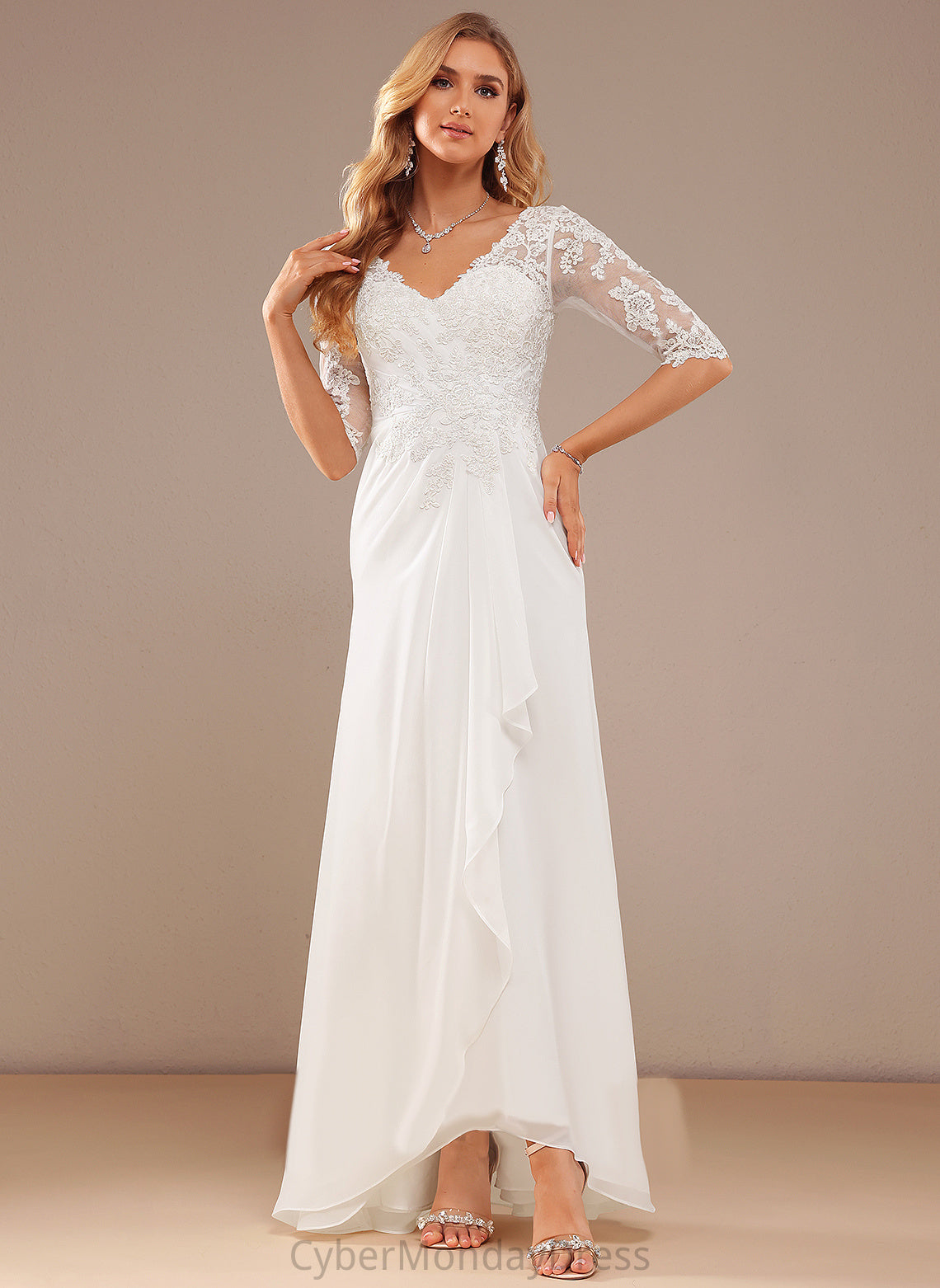 A-Line Asymmetrical Dress Ruffle Chiffon Wedding Yaritza V-neck With Lace Lace Wedding Dresses