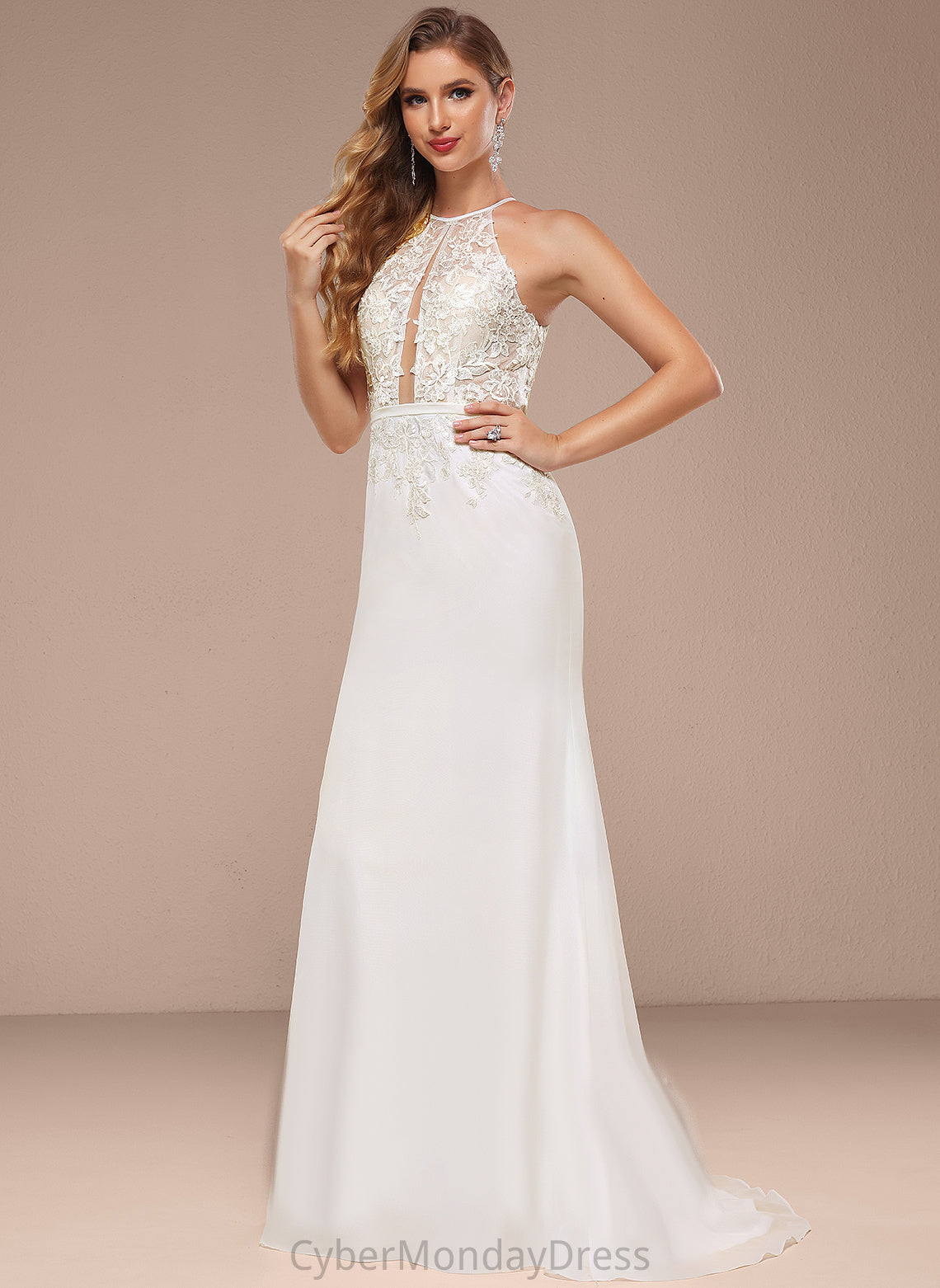 With Wedding Dresses Trumpet/Mermaid Wedding Dress Chiffon Sweep Halter Lace Sequins Train Aracely