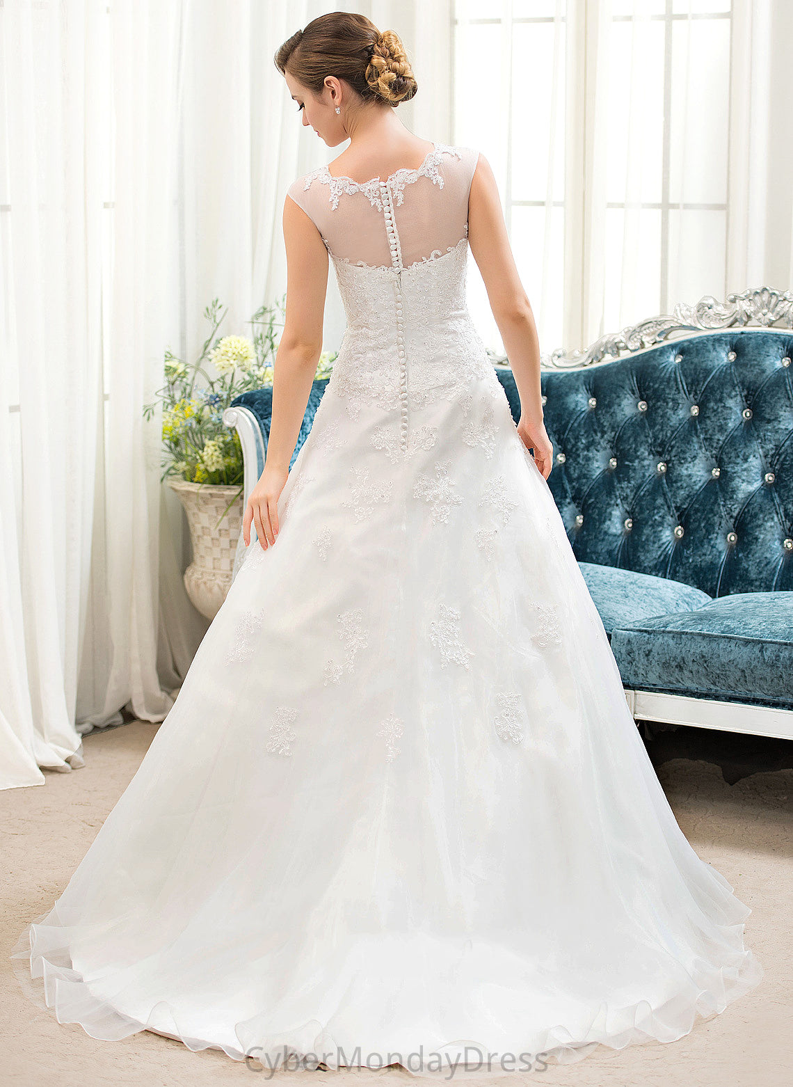 Illusion Sweep Wedding Dresses Organza Dress With Ball-Gown/Princess Lace Tulle Train Sequins Wedding Kylee Beading