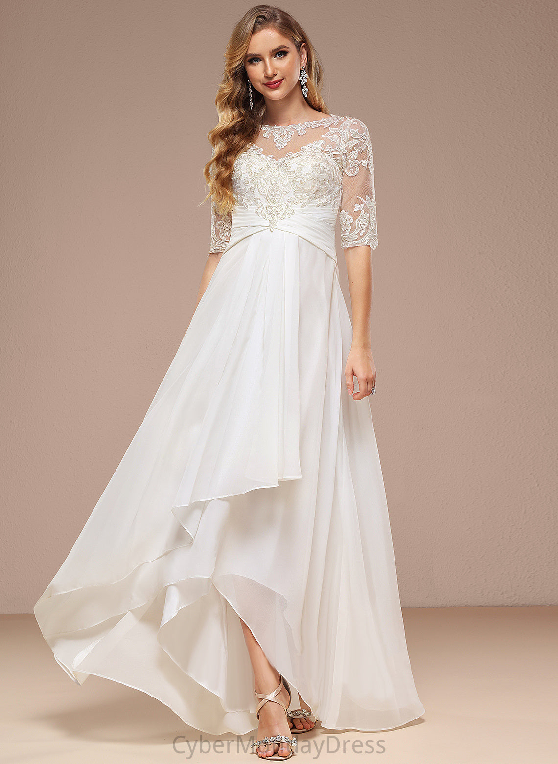 Lace A-Line Chiffon Jordin Dress Boat Asymmetrical Wedding Neck Wedding Dresses