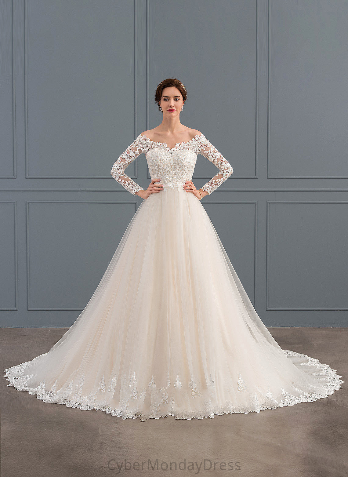 Ball-Gown/Princess Melanie Dress Tulle Off-the-Shoulder Train Chapel Lace Wedding Wedding Dresses