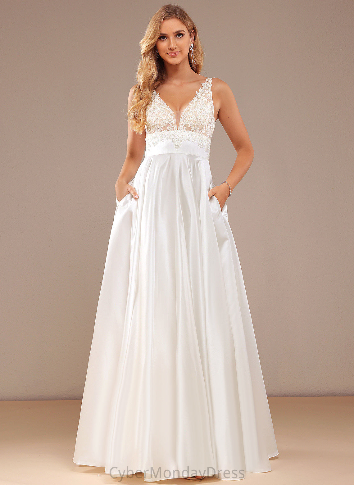 Nyasia Wedding Dresses Wedding Floor-Length Ball-Gown/Princess Pockets Satin Lace V-neck Lace With Dress