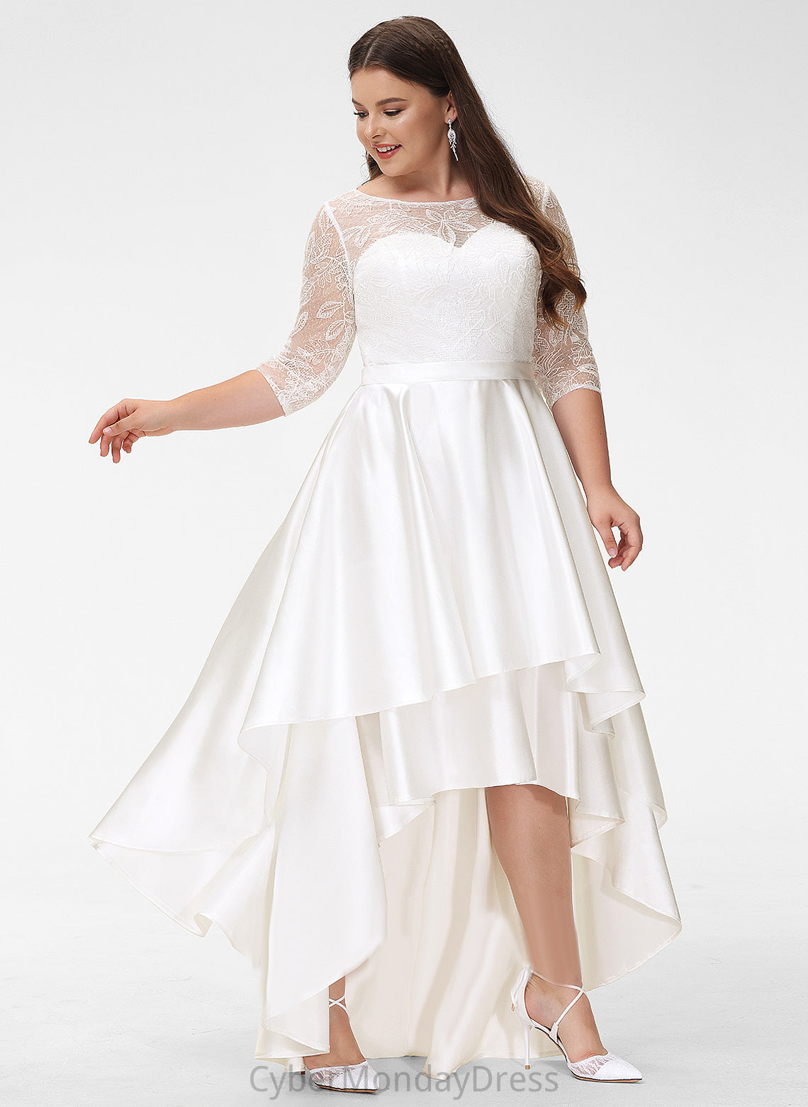 Wedding Asymmetrical Scoop Wedding Dresses Dominique A-Line Lace Satin Dress